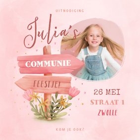 Communiekaart wegwijzer met foto, bloemen en hartjes