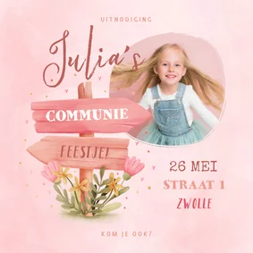Communiekaart wegwijzer met foto, bloemen en hartjes