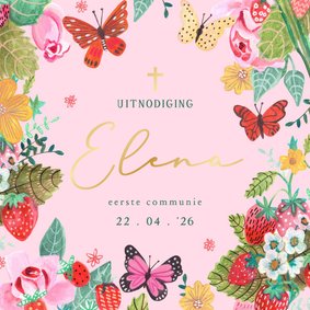 Communiekaartje uitnodiging bloemen en vlinders met naam