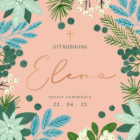 Communiekaartje uitnodiging bloemen in roze met naam