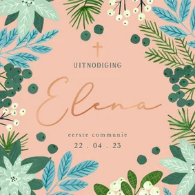 Communiekaartje uitnodiging bloemen in roze met naam