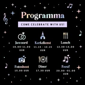 Dagprogramma kaart bruiloft in disco stijl met foliedruk