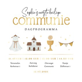Dagprogramma tijdlijn communie feestje goud illustraties