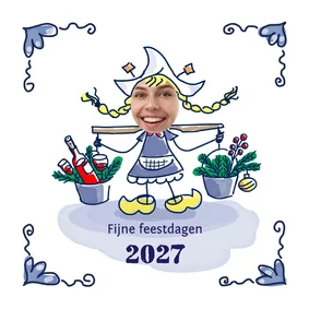 Delfts blauw tegeltje met boerinnetje met 2 emmertjes