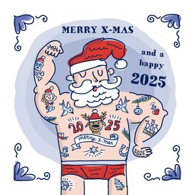 Delftsblauwe kerstkaart met tatoeage kerstman