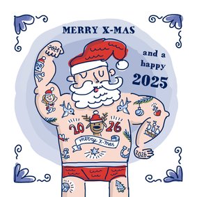 Delftsblauwe kerstkaart met tatoeage kerstman