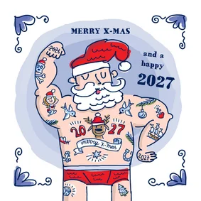Delftsblauwe kerstkaart met tatoeage kerstman