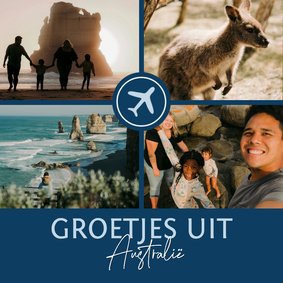 Donkerblauw fotokaartje vakantiegroet met vliegtuigje