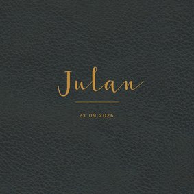 Donkerblauw leer geboortekaartje met okergele letters