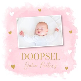 Doop uitnodiging meisje met foto roze watercolour hartjes
