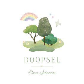 Doopkaart bomen, regenboog en duifje