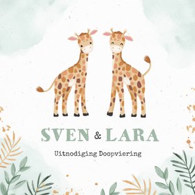 Doopuitnodiging tweeling met twee schattige giraffen