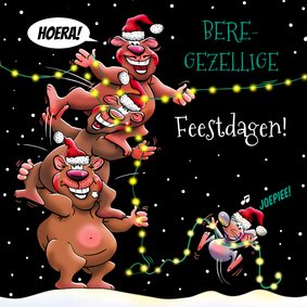 Een bereleuke kerstkaart met kerstverlichting en beren