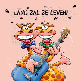 Een felicitatiekaart twee giraffen met een gitaar