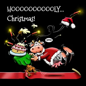 Een grappige kerstkaart ongelukje taart en koe