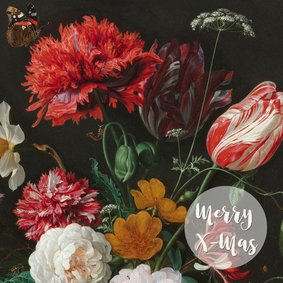 Een stijlvolle kerstkaart met vintage bloemenschilderij