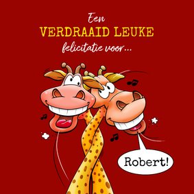 Een verdraaid leuke felicitatiekaart met giraffen