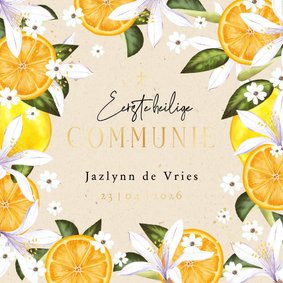 Eerste communie uitnodiging bloemen citrusvruchten goud