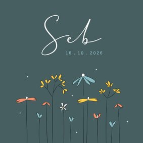 Eigentijds modern geboortekaartje illustratie wilde bloemen