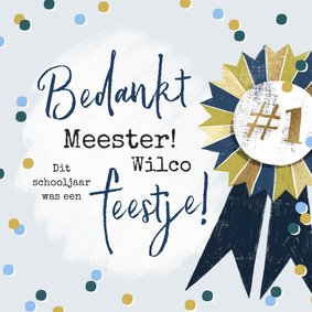 Feestelijke bedankkaart meester met vaandel en confetti