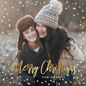 Feestelijke kerstkaart met confetti rand en grote eigen foto