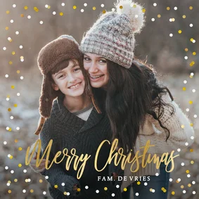 Feestelijke kerstkaart met confetti rand en grote eigen foto