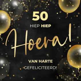 Feestelijke verjaardagskaart hoera met gouden ballonnen