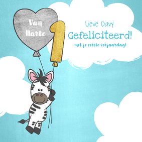 Felicitatie 1 jaar lieve zebra met ballonnen in de wolken