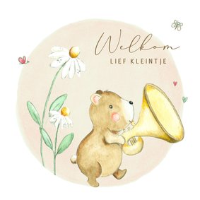 Felicitatie geboorte - Beer met muziekinstrument en bloemen