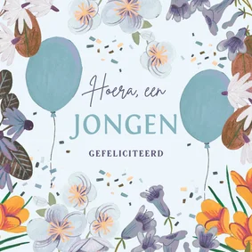Felicitatie geboorte bloemen en ballonnen blauw