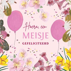 Felicitatie geboorte bloemen en ballonnen roze