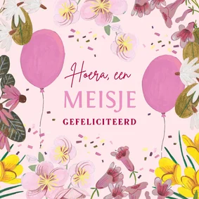 Felicitatie geboorte bloemen en ballonnen roze