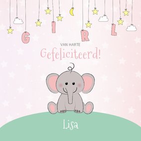 Felicitatie geboorte meisje  schattig olifantje en sterren