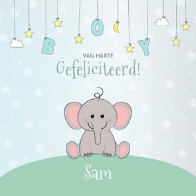 Felicitatie geboorte met een schattig olifantje en sterren