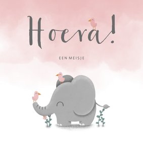 Felicitatie geboorte met waterverf, olifant en vogeltjes