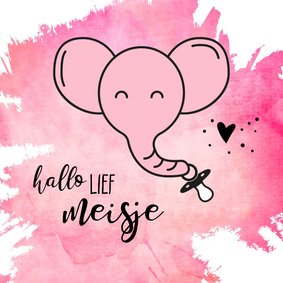 Felicitatie geboorte roze olifant met speen aan de slurf