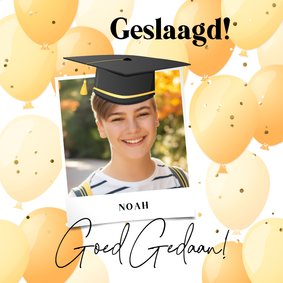 Felicitatie geslaagd humor eigen foto met afstudeerhoedje