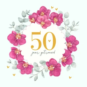 Felicitatie huwelijksjubileum paarse orchideeën eucalyptus