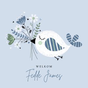  Felicitatie jongen vogel bloemen blauw