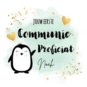 Felicitatie kaart communie jongen waterverf groen pinguïn