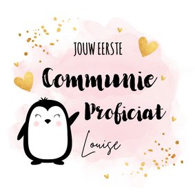 Felicitatie kaart communie meisje waterverf roze pinguïn