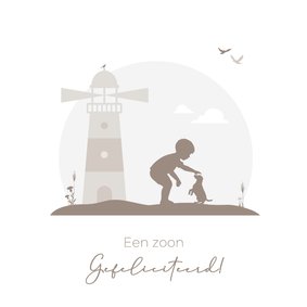 Felicitatie met silhouet vuurtoren, jongetje en hondje