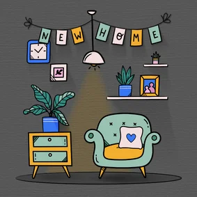 Felicitatie nieuwe woning illustratie uitgelichte woonkamer