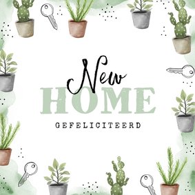 Felicitatie nieuwe woning planten sleutels waterverf groen