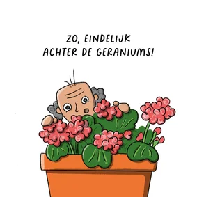 Felicitatie pensioen achter de geraniums kaart
