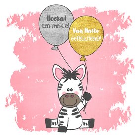 Felicitatie roze kaartje met een illustratie van een zebra