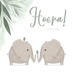 Felicitatie tweeling groen jungle olifantjes met vogels