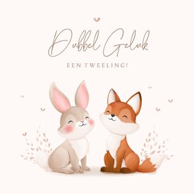 Felicitatie tweeling mooie illustratie vosje en konijntje