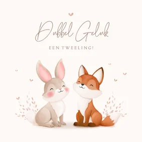 Felicitatie tweeling mooie illustratie vosje en konijntje