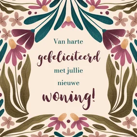 Felicitatie voor nieuw huis met bloemen in huisvorm